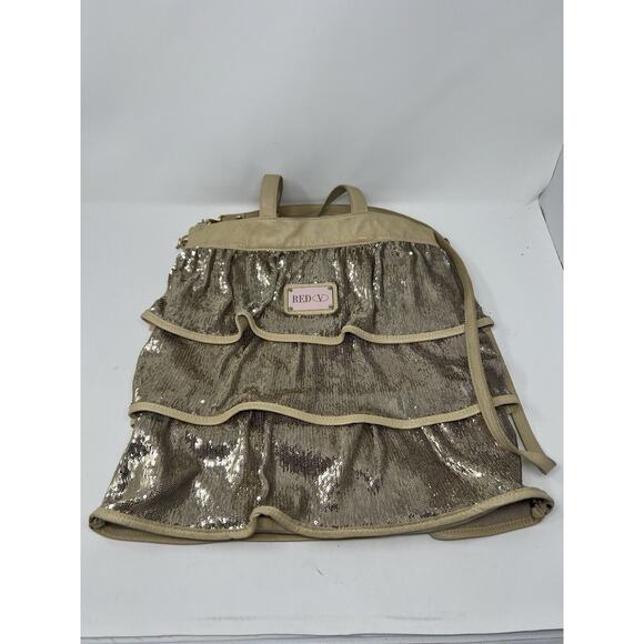 Valentino Red Italy‎ Ruffle Tiered Sequin Tan Leather Cross Body Tote Bag - Picture 1 of 14